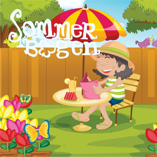 Sommerbogen. Tegning af en pige, der sidder under en parasol og læser